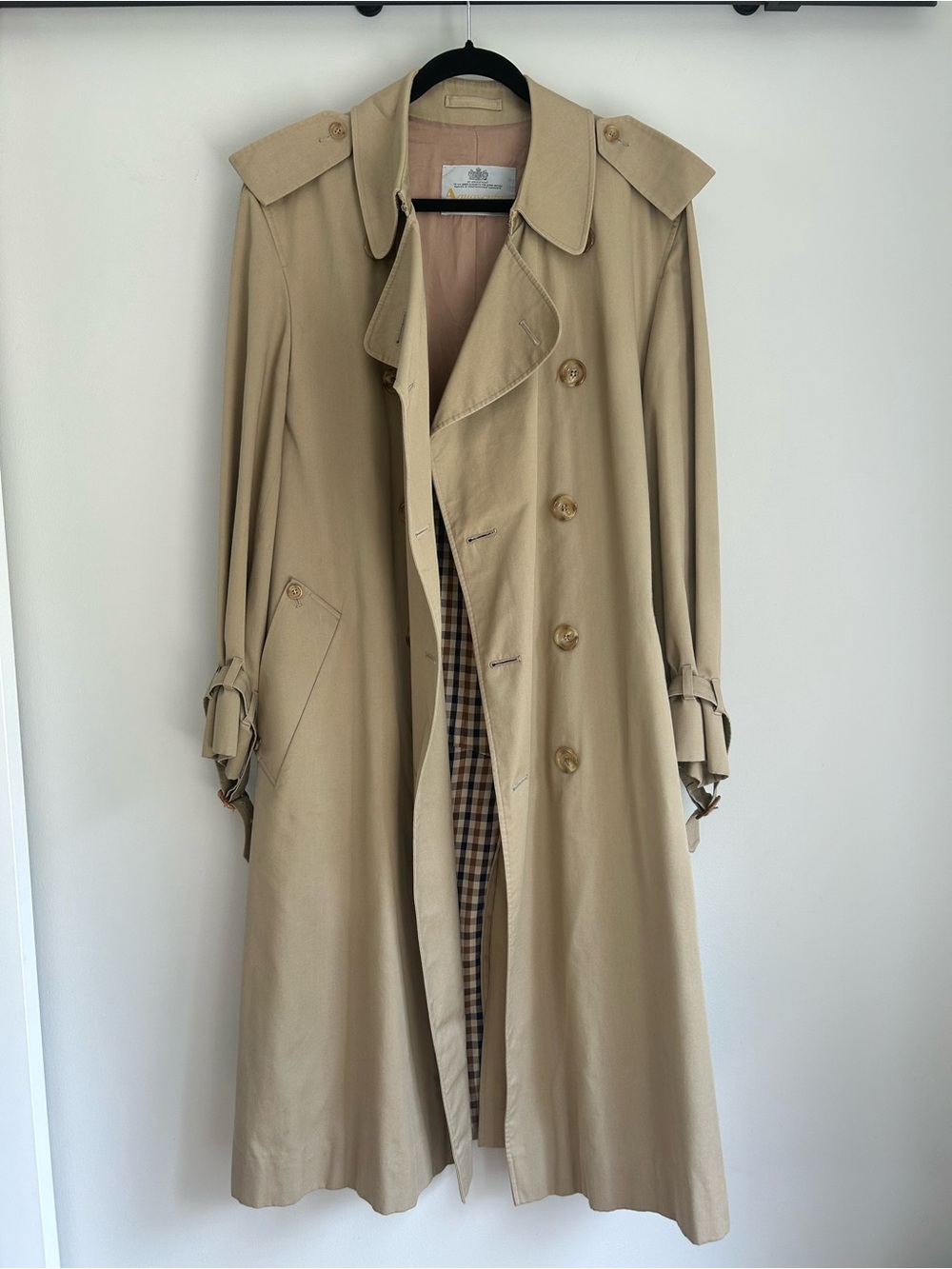 Vintage Aquascutum Double Breasted Long Belted Trench Coat Check Lining